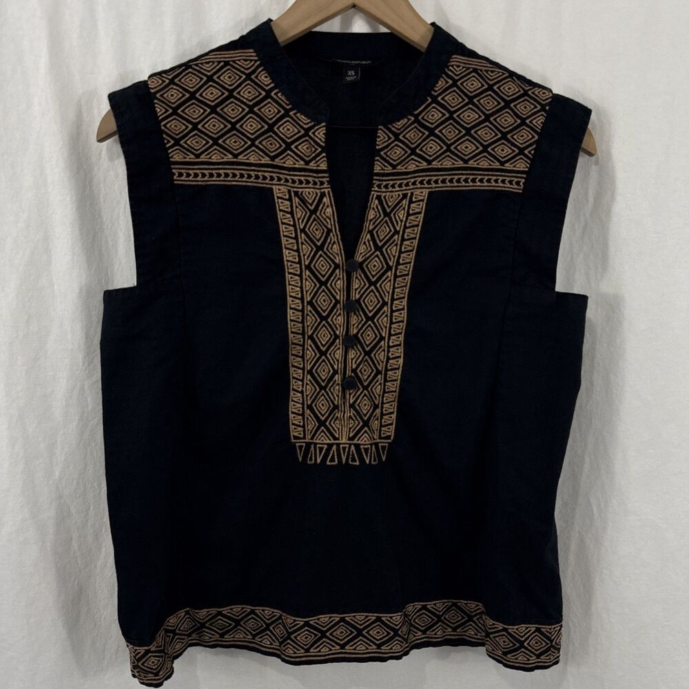 Banana Republic Black Embroidered Placket Boho Cotton Linen Top Womens Sz XS